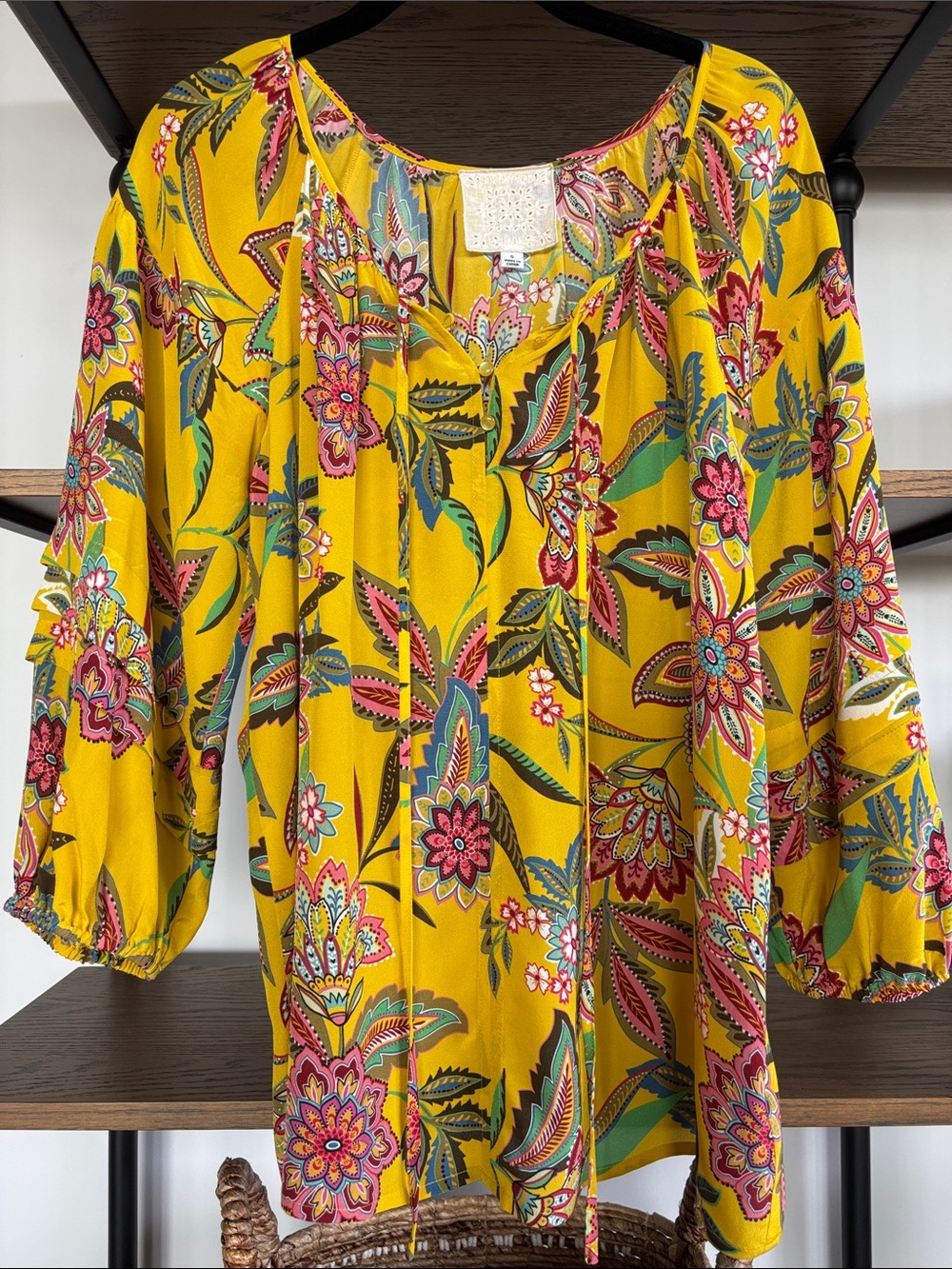 Johnny Was Silk Yellow Floral Peasant Blouse